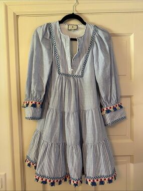 Blue & White Striped Tuckernuck Tassel Tiered Dress